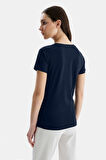 ANGELA Lacivert Bisiklet Yaka Nakışlı Standart Fit Kadın T-shirt