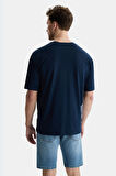 IGNISO Lacivert Bisiklet Yaka Baskılı Oversize  Erkek Tshirt