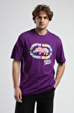 KINGSTON Mor Bisiklet Yaka Baskılı Oversize Erkek Tshirt