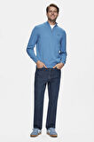 FRED Mavi Yarım Fermuarlı Nakışlı Standard Fit Erkek Triko