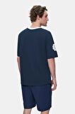 KEITH Lacivert Bisiklet Yaka Baskılı Oversize Erkek Tshirt