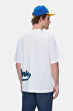 ROSCOE Beyaz Bisiklet Yaka Baskılı Oversize Erkek Tshirt