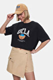 CARLY Siyah Bisiklet Yaka Crop Baskılı Loose Fit Kadın Tshirt