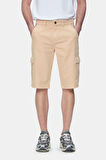 BLEWIN Camel Kargo Cepli Gabardin Nakışlı Standard Fit Erkek Şort