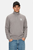 LEON Koyu Gri Yarım Fermuar Nakışlı Standard Fit Erkek Sweatshirt