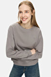 SUNNIVA Koyu Gri Bisiklet Yaka Nakışlı Loose Fit Kadın Sweatshirt
