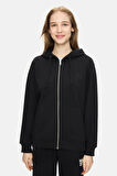 VIVIANA Siyah Kapüşonlu Baskılı Fermuarlı Standard Fit Kadın Sweatshirt