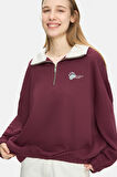 YOKO Bordo Fermuarlı Baskılı Oversize Fit Kadın Sweatshirt