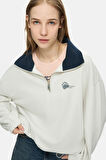 YOKO Kemik Rengi Fermuarlı Baskılı Oversize Fit Kadın Sweatshirt