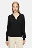 IRENE Siyah Polo Yaka Triko Metal Logololu Standard Fit Kadın Triko