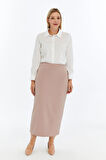 Apsen Kadın Bej Beli Lastikli Mevsimlik  Yırtmaç Detaylı Ofis Etek 1903-90