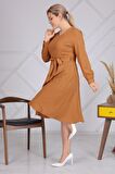 Kadın Haki Büyük Beden Bağlama Detaylı V Yaka Marina Kumaş Elbise 4344/110