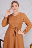 Kadın Haki Büyük Beden Bağlama Detaylı V Yaka Marina Kumaş Elbise 4344/110