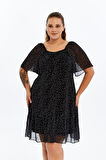 Apsen Kadın Siyah Puantiyeli Midi Şifon Büyük Beden Elbise 4514-100