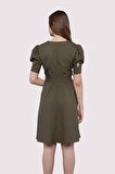 Kadın Kuşaklı Cep Detaylı Kolu Kısa Midi Boy Elbise 4379/95
