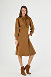 Kadın Süet Hakim Yaka Pile Detaylı Büzgülü Uzun Kol midi Boy Kloş Kışlık Elbise 4412/110