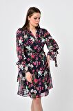 Kadın Çiçek Desenli Kruvaze Yaka Midi Şifon Elbise 4433/100