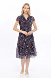 Kadın Desenli Kruvaze Yaka Midi Şifon Elbise 4445/110