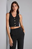 Süs Düğme Detaylı Siyah Triko Crop Top