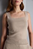 Kare Yaka Bej Triko Crop Top
