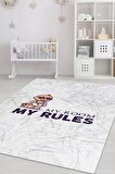 Homshtag Benim Odam Benim Kurallarım Pamuklu Dokuma Tabanlı Yıkanabilir Kaymaz Dekoratif Çocuk Odası Halısı