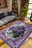 Homshtag Art Deco Leylak Çiçeği Vintage Halı Görünümlü Dijital Baskı Mor Halı,Rustik Çiçekli Halı