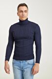 D'S Damat Slim Fit Lacivert Fitilli Pamuk Karışımlı Boğazlı Triko Kazak 5HF06ORT63100