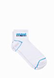 Mavi Logo Baskılı Beyaz Soket Çorap 092523-620