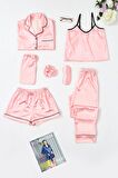 7'li Pembe Çizgili Saten Pijama Takımı