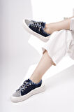 Muggo DAMSEL Bağcıklı Taşlı Kadın Günlük Denim Sneaker Spor Ayakkabı