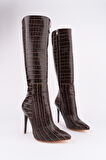 Muggo ZEST Kroko Desenli Sivri Burun Fermuarlı İnce Topuklu Kadın Çizme