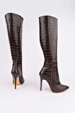 Muggo ZEST Kroko Desenli Sivri Burun Fermuarlı İnce Topuklu Kadın Çizme