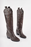 Muggo RODEO Dikiş Detaylı Kalın Topuklu Kovboy Kadın Çizme 