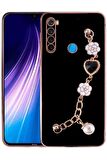 Xiaomi Redmi Note 8 Kılıf Kalpli Çiçekli Bileklik Zincirli Kamera Korumalı Kenarları Gold Renk. Silikon
