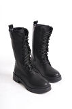 Kadın Düz Taban Orta Boy Çizme Bağcıklı Tam Kalıp Fermuarlı Günlük Çizme