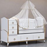 Garaj Home Elfin Gold Şeritli Sallanır Beyaz Standart Beşik + Beyaz Uyku Seti
