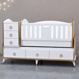Garaj Home Elfin Gold Şeritli Sallanır Beyaz Standart Beşik + Beyaz Uyku Seti