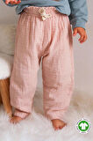 Organik Beli Fırfırlı Geniş Kesim Müslin Pantolon 1-8 Yaş Pudra Pembe