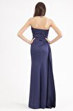 Lacivert Straplez Drape Detaylı Yırtmaçlı Saten Kumaş Abiye Elbise 1607209.02