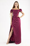 Mürdüm Drape Detaylı Saten Kumaş Abiye Elbise 9704858.21