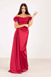 Bordo Drape Detaylı Saten Kumaş Abiye Elbise 9704858.04
