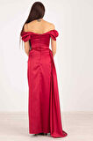 Bordo Drape Detaylı Saten Kumaş Abiye Elbise 9704858.04