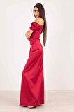 Bordo Drape Detaylı Saten Kumaş Abiye Elbise 9704858.04
