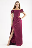 Mürdüm Drape Detaylı Saten Kumaş Abiye Elbise 9704858.21