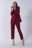 Bordo Kadın Dört Düğmeli Kruvaze Blazer Ceket & Pantolon Takım 0106305.04