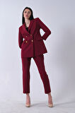 Bordo Kadın Dört Düğmeli Kruvaze Blazer Ceket & Pantolon Takım 0106305.04