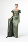 Haki Drape Detaylı Saten Kumaş Abiye Elbise 9704858.23