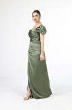 Haki Drape Detaylı Saten Kumaş Abiye Elbise 9704858.23