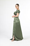 Haki Drape Detaylı Saten Kumaş Abiye Elbise 9704858.23