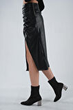 Siyah Büzgülü Deri Etek 0101064.01